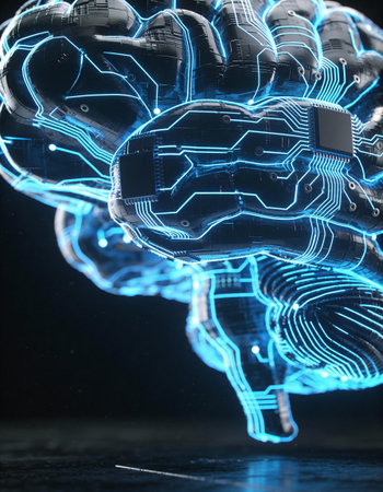 3D rendering of a female robot with a glowing brain on a dark backgroundの写真素材