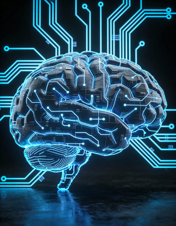 3d rendering of human brain on circuit board background. Artificial intelligence concept