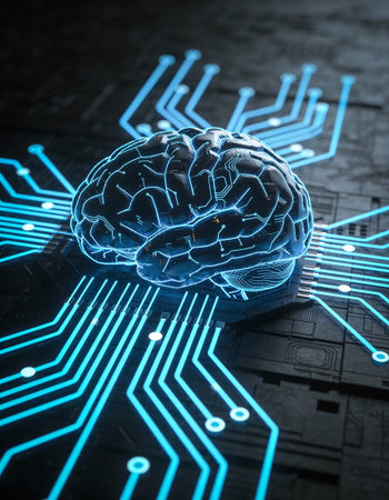 3d rendering of human brain over circuit board background. 3d illustrationの写真素材