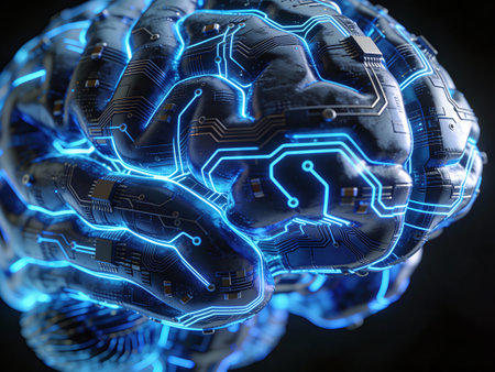 3d rendering of digital human brain with circuit board on dark background