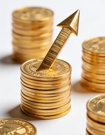 Golden arrow up on a stack of coins. Business growth concept.の写真素材