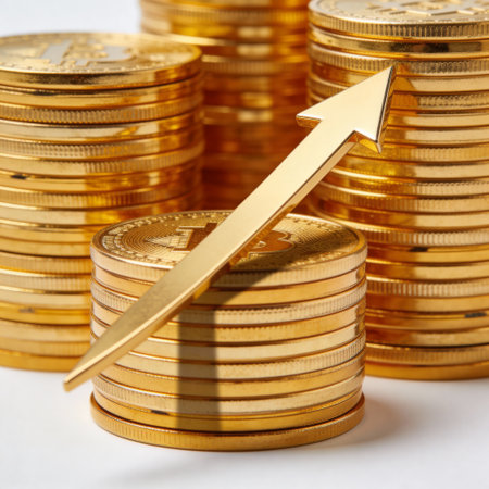 golden coins with a rising arrow. symbolic photo for raising your savingsの写真素材