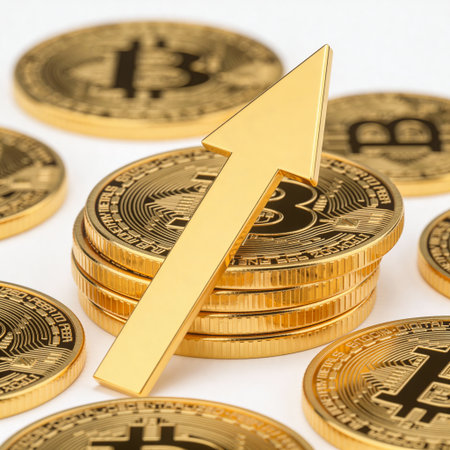 Golden arrow up on a pile of bitcoins. 3D illustration.の写真素材