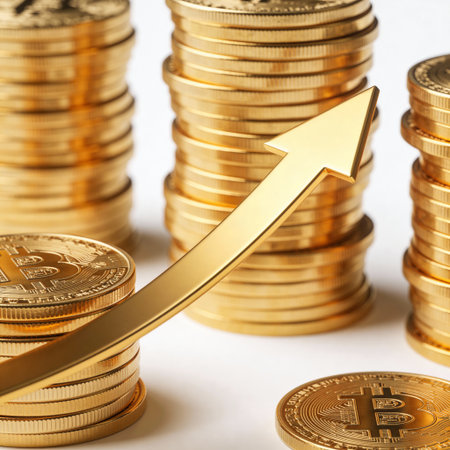 golden bitcoin and rising arrow on white background. 3d illustrationの写真素材