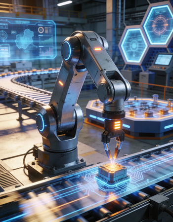 3d rendering robotic arms working on a production line in a factory