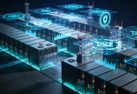 Futuristic server room with hologram graphs and icons 3D rendering