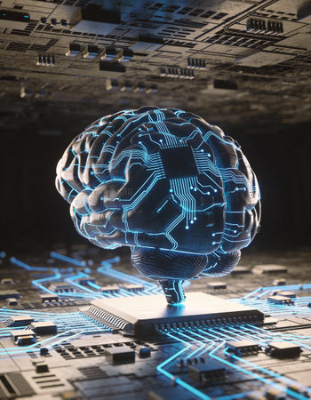 3d rendering of a human brain with circuit board in the background