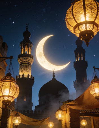 Ramadan Kareem background with mosque and lanterns at night.の写真素材