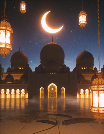 Ramadan Kareem background with mosque, moon and lanterns.