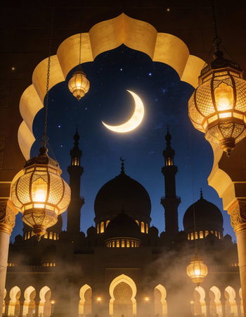 Ramadan Kareem greeting card with mosque, moon and lanterns