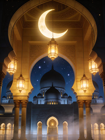 Ramadan Kareem background with mosque, lanterns and moon.の写真素材
