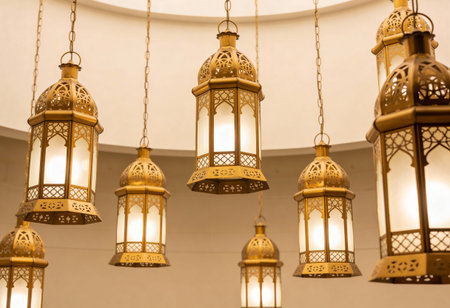 Lanterns in the interior of the mosque in Ramadan Kareemの写真素材