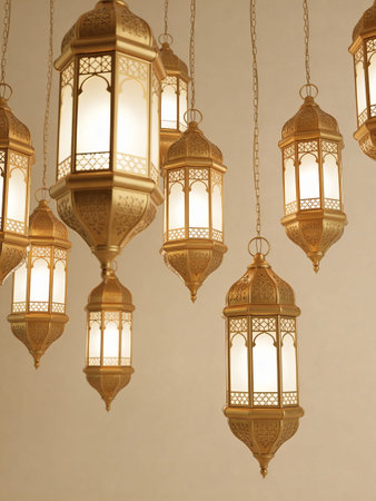 Vintage Arabic lanterns hanging on the ceiling, closeup of photo
