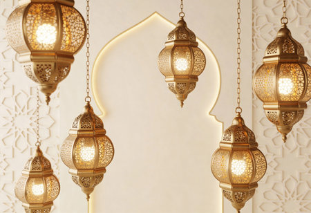 Hanging lanterns in the mosque. Ramadan Kareem background.