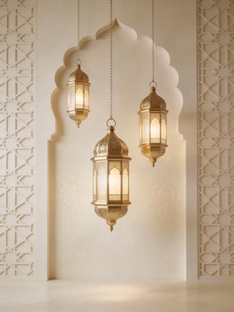 Hanging Arabic lanterns in the interior of the mosque. Ramadan Kareem.
