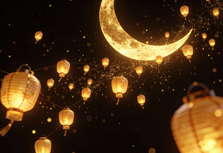 Hanging lanterns and crescent moon with bokeh effect