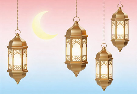 Ramadan Kareem background with hanging lanterns and crescent moon