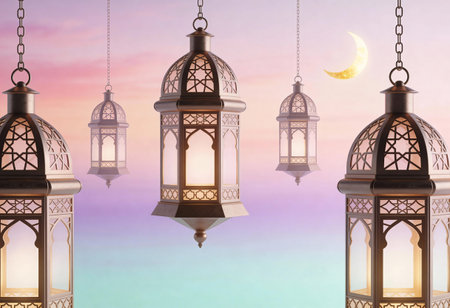 Ramadan Kareem background with Arabic lanterns. Vector illustration.