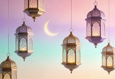 Ramadan Kareem background with hanging lanterns and crescent moon
