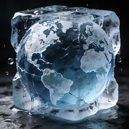 Ice cube with world map and water drops. Global warming concept.の写真素材