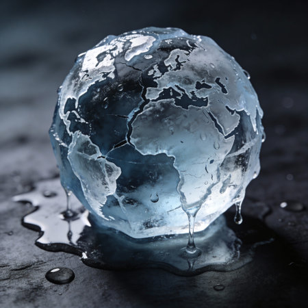 Ice cube with drops of water on a dark background. Copy space.