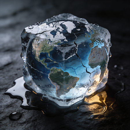 Ice cube with world map on dark background. Global warming concept.の写真素材