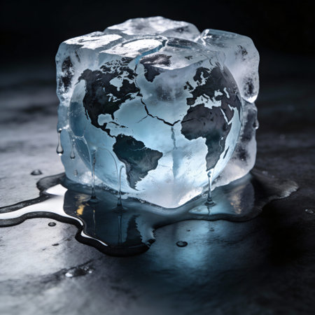 Ice cube with world map on dark background. Global warming concept.の写真素材