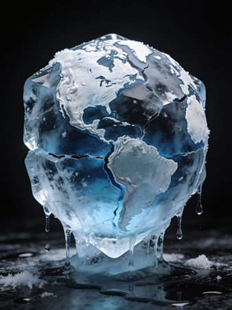 Ice cube with world map on dark background. Global warming concept.