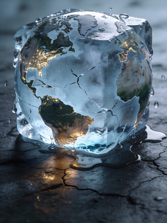 Ice cube with world map on dark background. Global warming concept.の写真素材