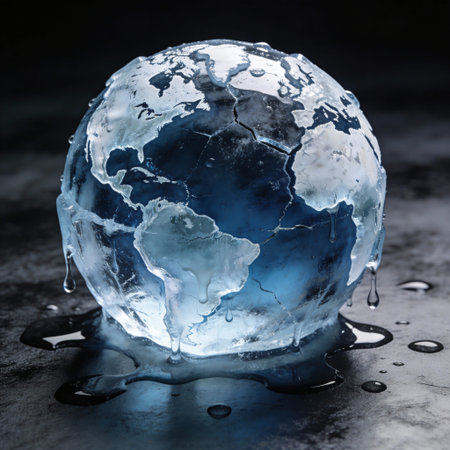 Glass globe with water droplets on dark background. Global warming concept