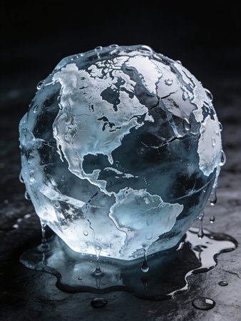 Glass globe with ice and water drops on dark background. Global warming concept.