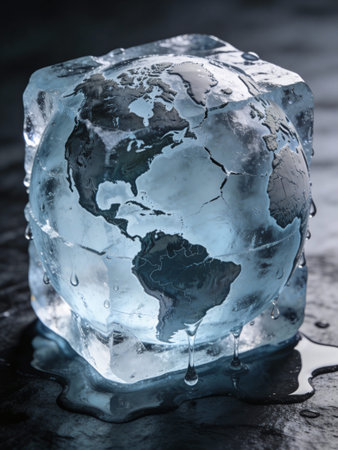 Ice cube with world map on dark background. Global warming concept.