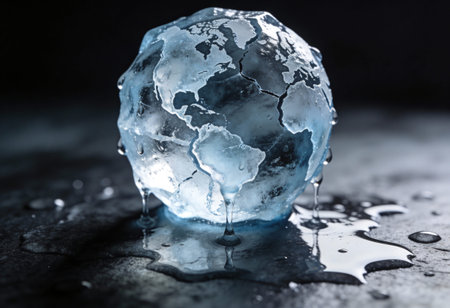 Ice cube with water drops on a dark background.の写真素材