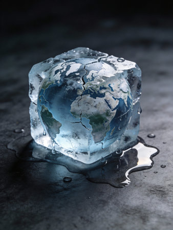 Ice cube with world map on dark background. Global warming concept.