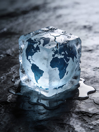 Ice cube with world map on black background. Global warming concept.