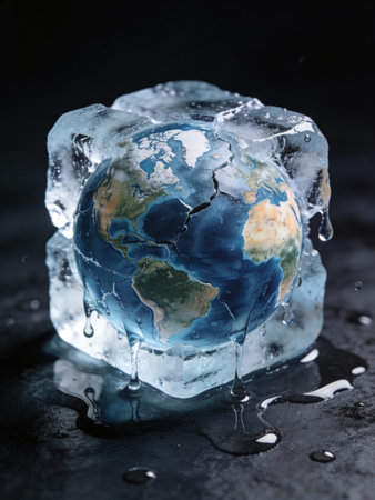 Ice cube with planet earth on black background. Global warming concept.
