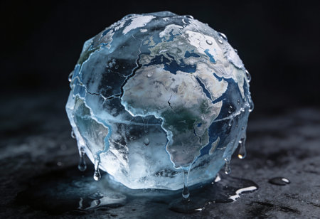 Ice globe with water drops on dark background. Global warming concept.