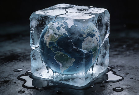 Earth frozen in ice cube. Global warming concept. Elements of this image furnished by NASAの写真素材