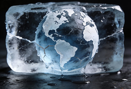 Ice cubes and world globe on black background. Global warming concept.の写真素材