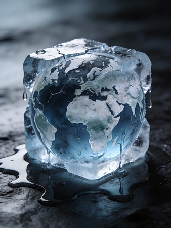 Ice cube with world map on dark background. Global warming concept.