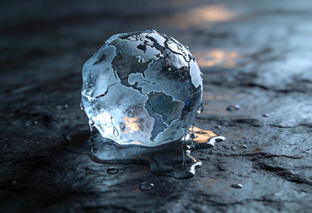 Ice globe on black stone background. Global warming concept. 3D Rendering