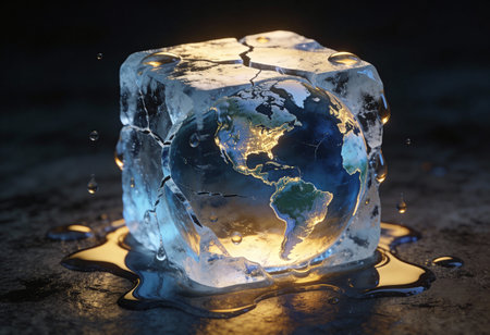Ice cube with world map. Global warming concept. 3D Rendering