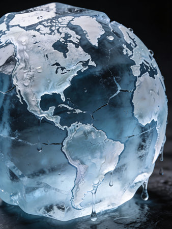 Ice globe with world map on black background. Global warming concept.