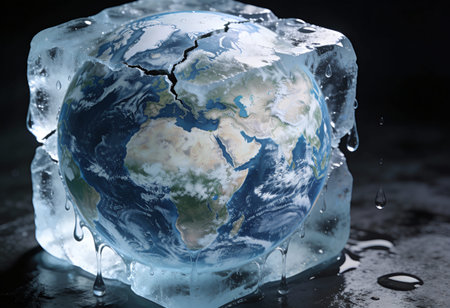 Earth frozen in ice cube. Global warming concept. 3D rendering
