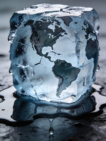Melting ice cube with world map on black background. Global warming concept.