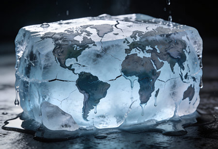 Melting ice cube with world map on dark background. Global warming concept.の写真素材