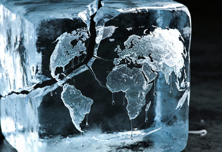 Ice cube with world map on dark background. Global warming concept.