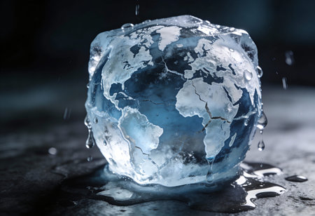 Ice cube with world map on dark background. Global warming concept.