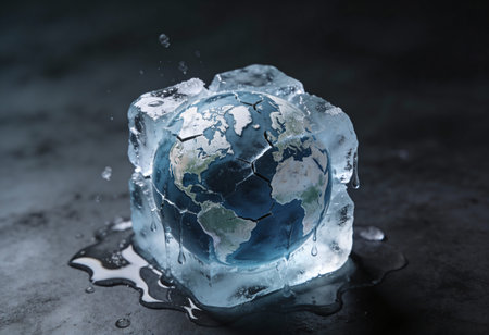 Earth frozen in ice cube on dark background. Global warming concept.