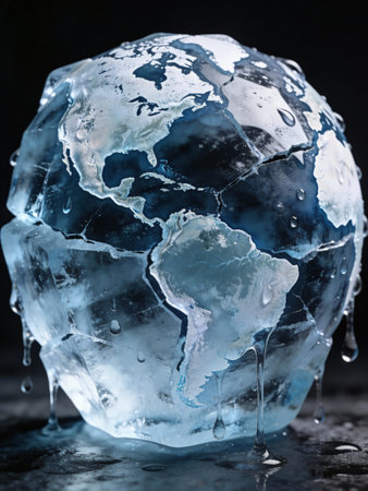 Ice cube with world map and water drops. Global warming concept.